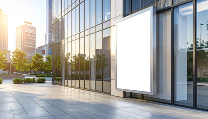 Fototapeta premium Modern Outdoor Advertising Billboard Mockup on Glass Building Facade Urban Scene