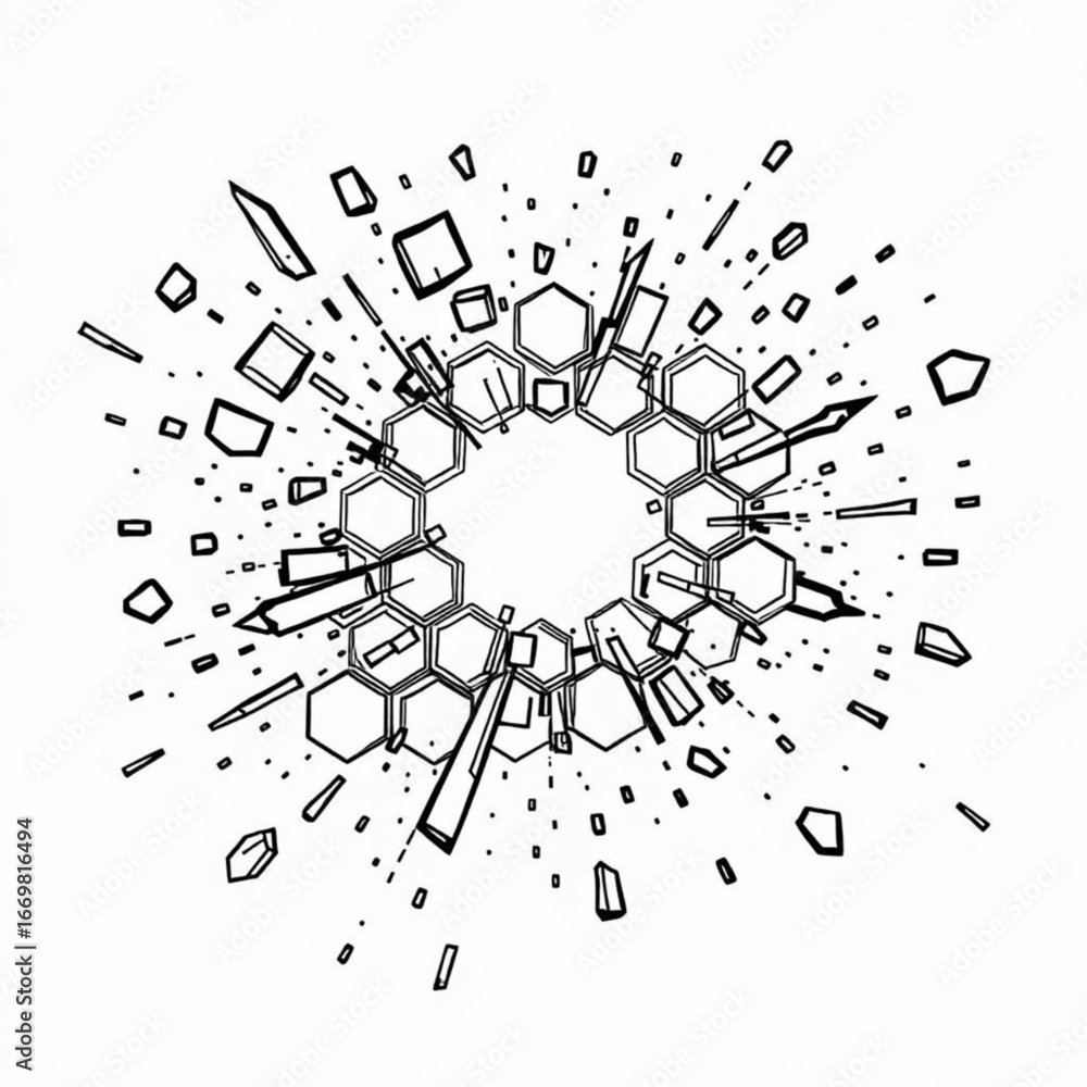 Poster minimilist geometric explosion of hexagons with debris scattering in a chaotic black and white desig
