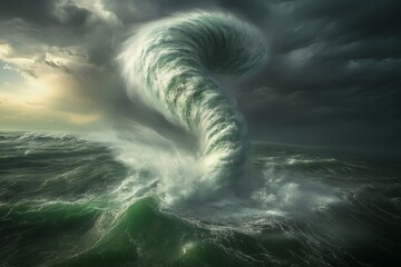 Massive ocean storm vortex shaped like question mark with dramatic waves and dark stormy clouds creating surreal atmosphere