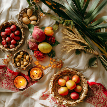 Chhath Puja Sun Worship Concept. Flat lay of sugarcane, fruits, diya, wheat baskets on cloth