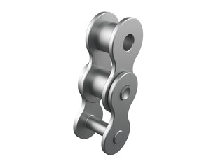 Robust Industrial Roller Chain Segment: Essential Mechanical Part for Heavy Duty Power Transmission and Engineering Systems. Strong Steel Links, Shiny Chrome Finish, Isolated on White for Design.