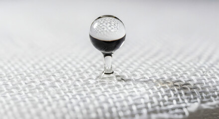 A single, dark liquid droplet suspended on a white, textured fabric surface, with light reflecting off its spherical form.