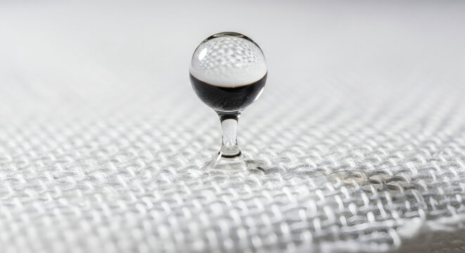 A single, dark liquid droplet suspended on a white, textured fabric surface, with light reflecting off its spherical form.