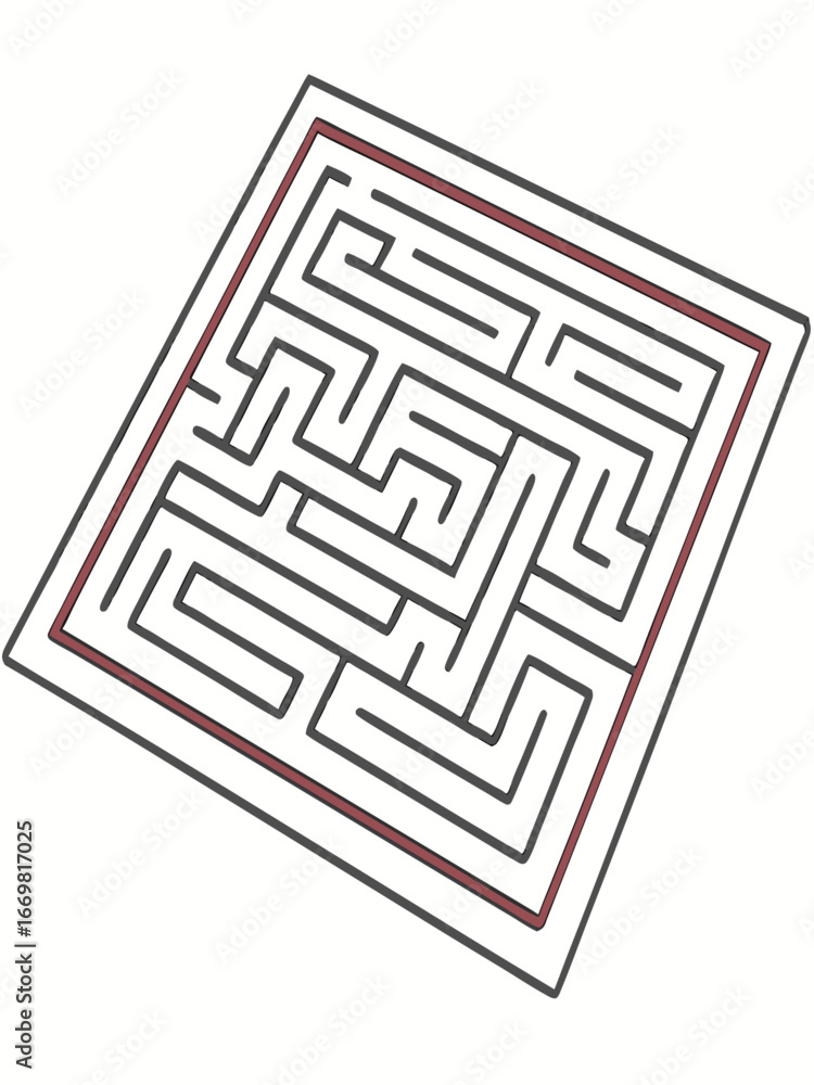 Poster minimilist illustration of a square maze with black lines and a red border on a white background vie