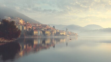 Fototapeta premium Serene early morning sunlight casting a soft glow over a sleepy lake town surrounded by nature