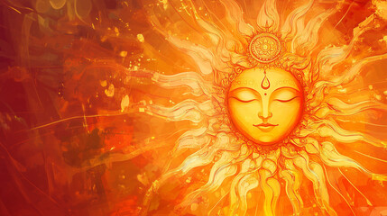 Chhath Puja Sun Worship Concept. Artistic illustration of Surya (Sun God) with rays, glowing spiritual art