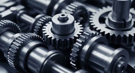 Close-up view of intricate metal gears and shafts, showcasing precision engineering and complex mechanisms.