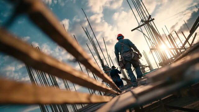 Industrial worker clad in safety gear walking through construction site debris during sunset.