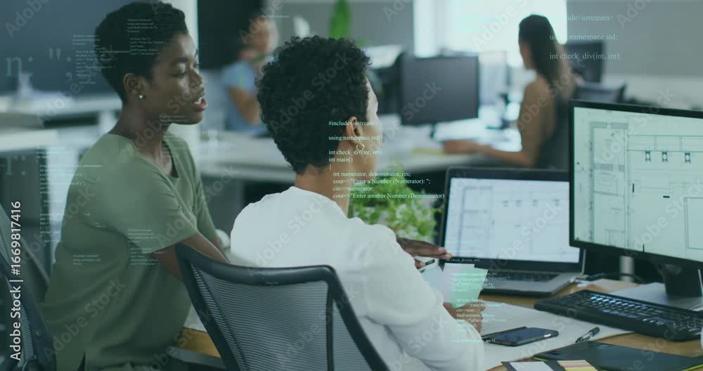 Poster developer scrolling code grabbing sticky notes while designer guiding cursor on grid in tech office
