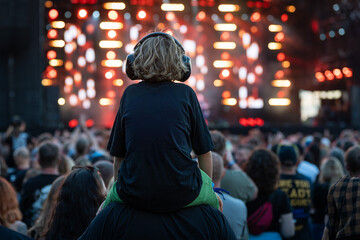 A little boy with headphones sitting on shoulders during a concert in front of the stage.