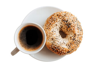 Bagel and coffee on white surface