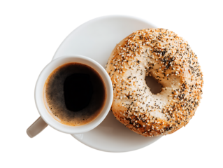 Bagel and coffee on white surface