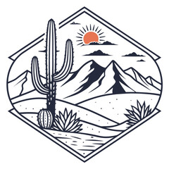 Minimilist stylized desert landscape with cactus mountains and sun in a diamond shaped frame design element vector