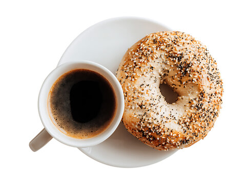 Bagel and coffee on white surface - Powered by Adobe