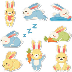 create Vector illustration cute rabbits icons set. Sweet rabbits stickers in flat style.