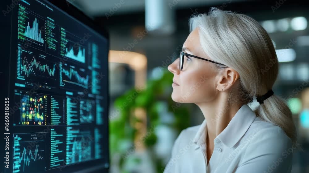 Poster professional woman analyzing data on computer screen with technology and business insights
