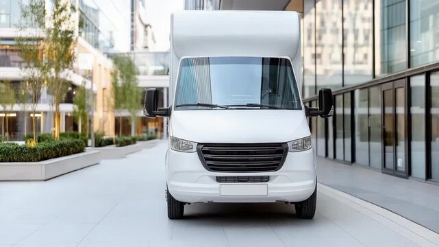 Modern Urban Delivery Truck White Vehicle in Sleek Architecture and Greenery Transportation