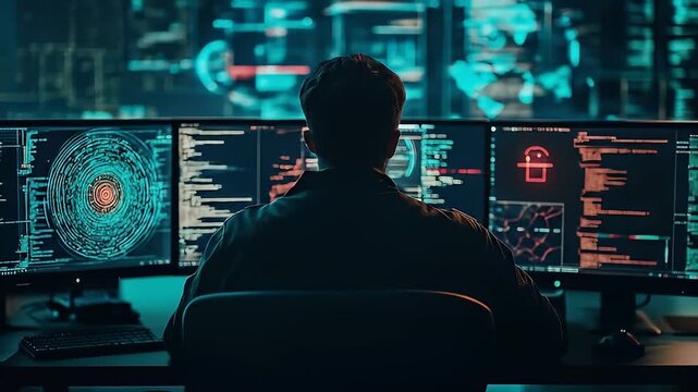 Man Working At A Computer Dark Room Surrounded By Computer Monitors Showing Data And Codes