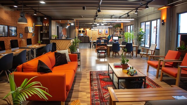 Vibrant open-plan office with modern workspace, collaborative zones, and comfortable lounge areas fostering creativity and productivity
