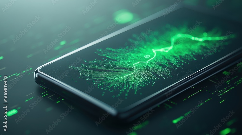 Poster digital device screen displays vibrant green technological data flow, reflecting modern financial sy
