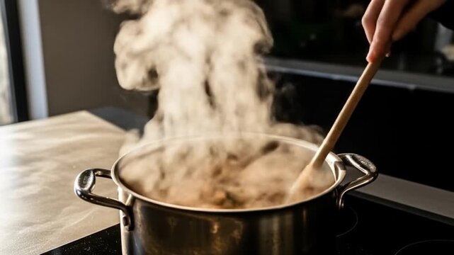 Cooking a delicious vegetable stew in a stainless steel pot with steam rising, set in a modern kitchen