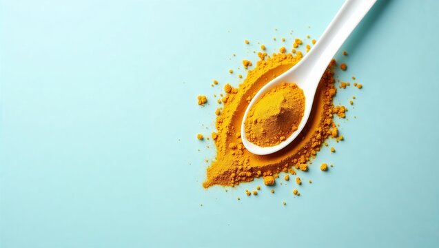 Turmeric powder on ceramic spoon over pastel blue background