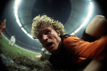 Close up soccer player slide tackle action under stadium lights dynamic motion grass turf sweat grit emotion fisheye lens night game intensity athlete focus dramatic sports moment