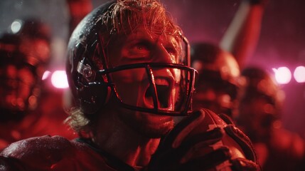 American football player helmet face shout victory night rain stadium Adrenaline surges as wet helmeted player shouts triumph night rain glowing stadium field, gripping ball with fierce focus