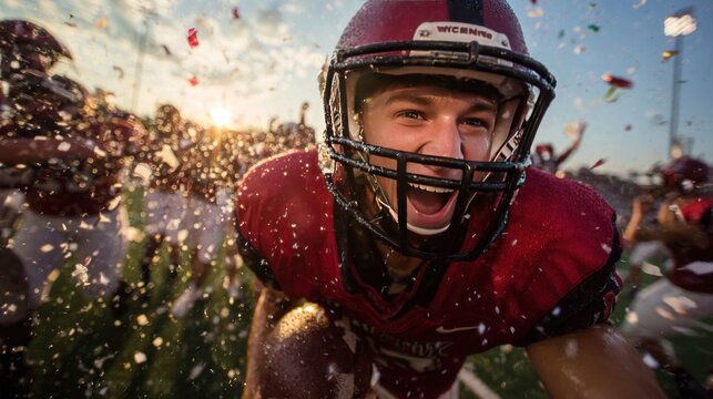Energetic football player celebration confetti stadium sunset joy triumph team red uniform helmet visor sweat turf field