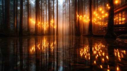 This captivating image depicts a misty forest landscape with reflections on tranquil waters, creating an ethereal atmosphere perfect for a peaceful escape into nature's beauty.