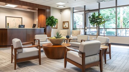 Elegant modern waiting area with comfortable seating and natural light creates a welcoming atmosphere for clients and visitors