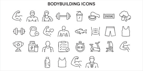 a set of outline icons related to bodybuilding. Vector on a gray background