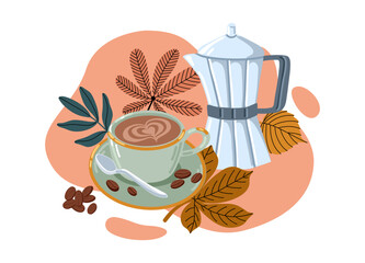 Hand drawn flat vector illustration of a coffee cup with heart foam art and geyser coffee maker , surrounded by autumn leaves on abstract shapes pink background 