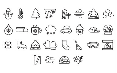 a set of winter-themed outline icons. Vector on a gray background