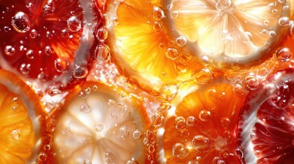 An artistic close-up of citrus fruits submerged in bubbly liquid, creating a refreshing visual explosion of colors and textures, representing vitality, flavor, and zest for life.