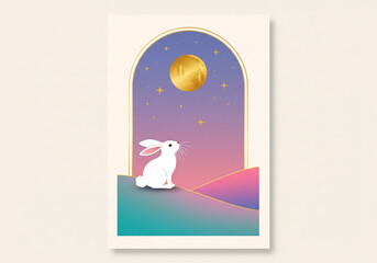 a white rabbit sitting on a hill with a moon in the sky
