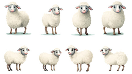 Fototapeta premium White herd of sheep grazing in field isolated on white background