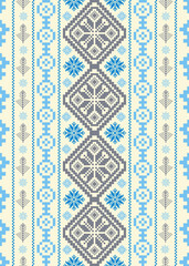 Traditional winter seamless pattern background. Illustration ornament with christmas trees snowflakes in Scandinavian and Nordic embroidery cross stitch style.