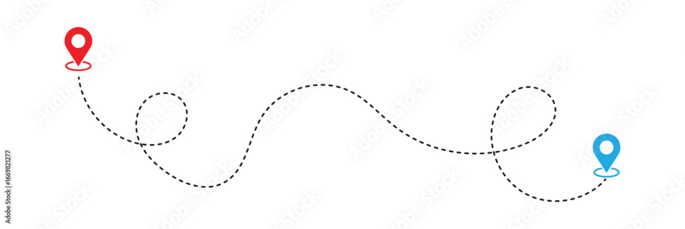 Poster dotted path with points. route icon - two points with dotted path and location pin. isolated on whit