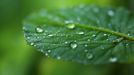 Macro close-up of fresh green leaf surface with water droplets, natural botanical background with dew, eco friendly and wellness concept
