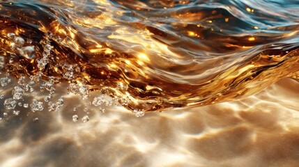 The mesmerizing beauty of golden water waves captures sunlight reflections, offering a sense of calmness and inviting viewers to immerse in nature's enchanting rhythm.