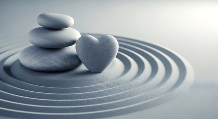 Gray stones and a heart shape rest on a tranquil zen garden, creating a peaceful and calming composition.