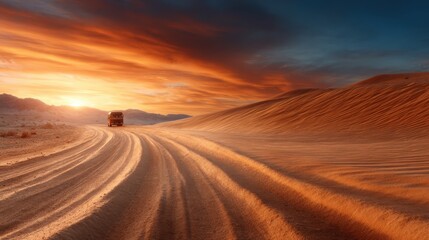 A captivating sunset paints the sky over rolling sand dunes, while a lone vehicle traverses the desert road, embodying adventure and exploration in a serene landscape.