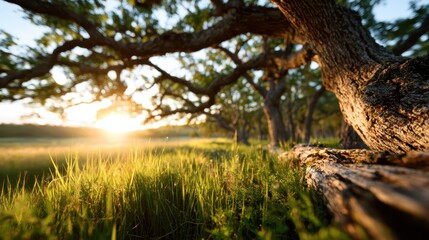 A stunning scene of sunlight heroically shining through tree branches in a lush green meadow, showcasing the beauty of nature and the feelings of peace and renewal.