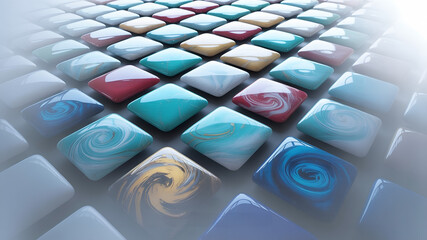 Abstract glossy tiles in vibrant colors with marble swirl texture
