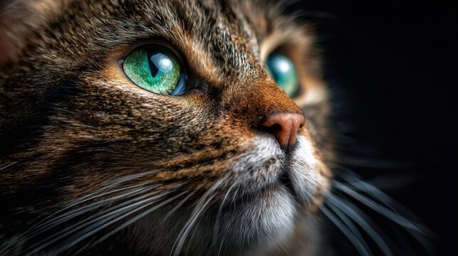 A stunning close-up of a cat's face reveals its enchanting emerald eyes and rich fur, highlighting the beauty and mystery of feline companions and their captivating presence.