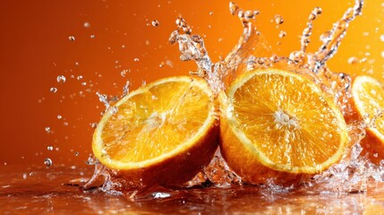 Juicy oranges burst spectacularly, sending droplets flying against a vibrant orange backdrop, capturing freshness, vitality, and the essence of citrus delights.