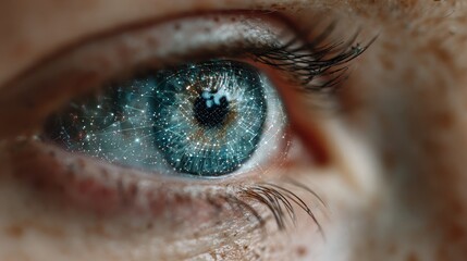 Close-up of a human eye with digital network in the iris detail. Use to illustrate technology, artificial intelligence, future vision or science.