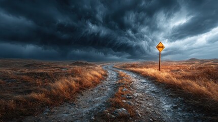 A brooding sky looms over a winding path in a rugged landscape, evoking a sense of mystery and contemplation about the journey ahead amidst nature's beauty.