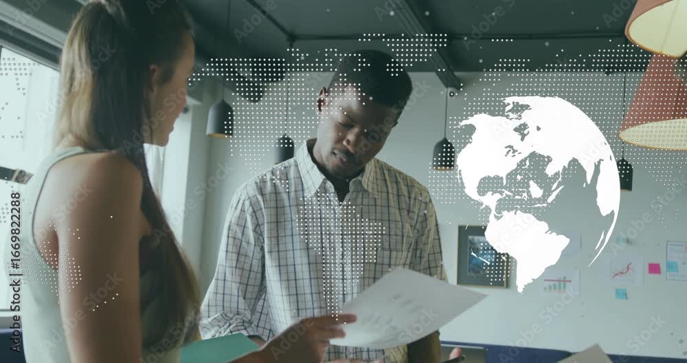 Aufkleber colleagues pointing document and examining data as world map fading globe pulsing supporting report